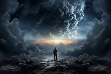 Conceptual image of a person looking up at a stormy sky