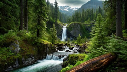 Lush forest landscape with waterfall