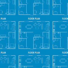 Housing architecture. Seamless pattern with house blueprint engineering drawings and plan on blue background. Structural engineering. Floor plan. Texture template, wallpaper. - obrazy, fototapety, plakaty