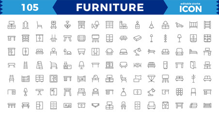  Furniture, icon set. Home interior, linear icons. Piece of furniture for the living room, bedroom, office, workplace, children's room and kitchen. Line with editable stroke icon set editable stroke