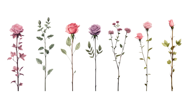 set of rose flowers isolated on transparent background cutout