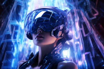 A woman wearing a futuristic helmet and goggles