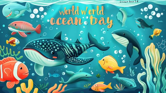 A poster for “world ocean day” with fish and sea creatures
