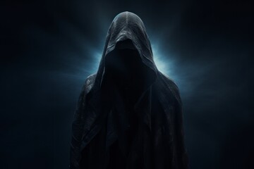 Hooded figure standing in dark