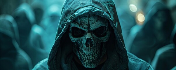cyber crime - crazy hacker with hood and mask - obrazy, fototapety, plakaty