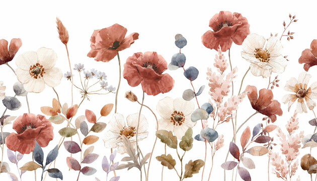 Beautiful horizontal floral seamless pattern with hand drawn watercolor autumn fall colors flowers. Stock floral illustration.