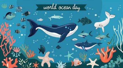“world ocean day” greeting card background with flat style