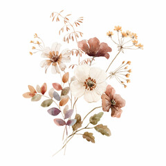 Beautiful floral composition with watercolor hand drawn gentle autumn fall flowers. Stock floral illustration. Nature clip art. - obrazy, fototapety, plakaty