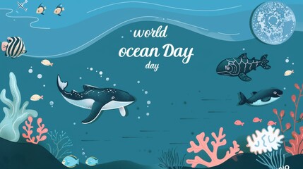 “world ocean day” greeting card background with flat style