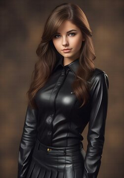 Portrait of a beautiful young woman with long brown hair, wearing black leather clothes