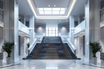 A sleek and elegant office building with a marble entrance and a grand staircase.