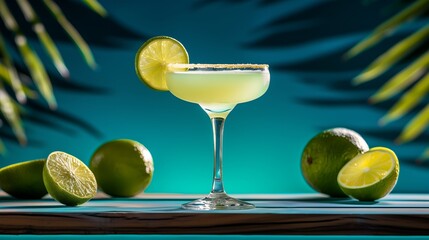 Daiquiri cocktail glass with a tropical backdrop, Classic Lime rum Daiquiri Cocktail with lime...