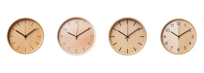 Set of four different wooden wall clocks