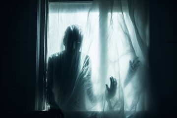Shadowy figure behind a frosted window - obrazy, fototapety, plakaty