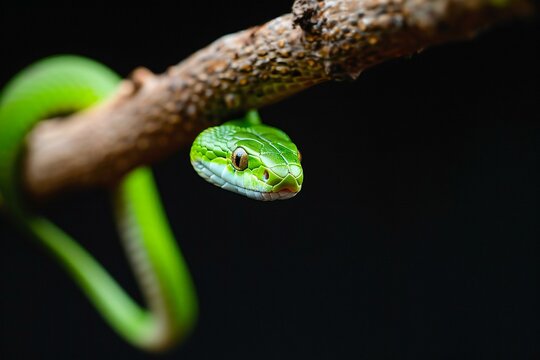 Green pit viper snake on a branch, closeup of photo