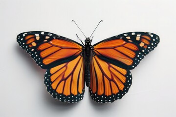 A single monarch butterfly, its wings shimmering with vibrant hues, poised delicately against a backdrop of pure white, symbolizing beauty and transformation.