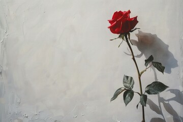 A single red rose, its petals delicately unfurling against a backdrop of pure white, symbolizing love and romance. - obrazy, fototapety, plakaty