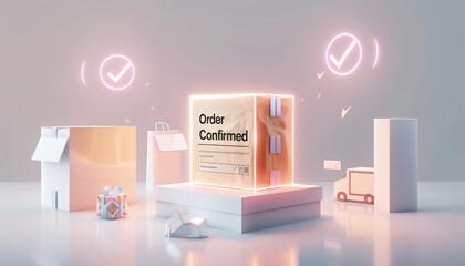 3d render of a cube of the text "Order Confirmed" for advertise website, banner, page 