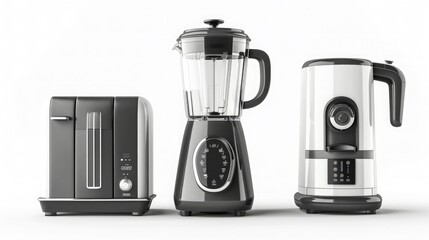 A set of sleek kitchen appliances, including a blender, toaster, and coffee maker, ready to make your morning routine a breeze. Isolated on pure white background.
