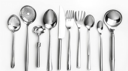 A set of shiny silver kitchen utensils, including spoons, spatulas, and ladles, ready to assist you in your culinary adventures. Isolated on pure white background. - obrazy, fototapety, plakaty