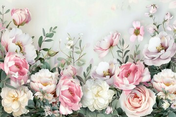 Beautiful floral background with roses, peonies and eucalyptus - obrazy, fototapety, plakaty