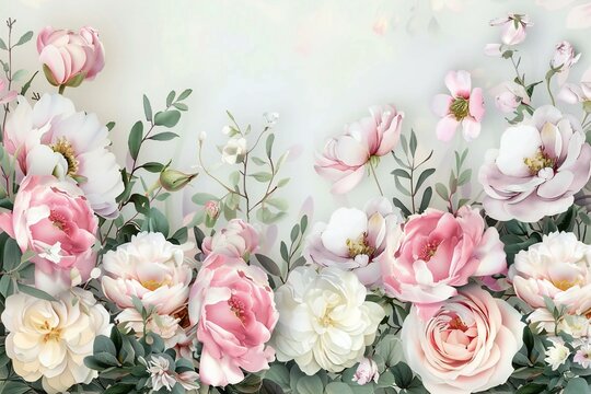 Beautiful floral background with roses, peonies and eucalyptus