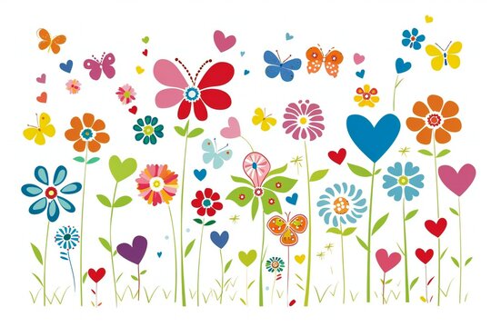 Flower meadow with butterflies, hearts and flowers