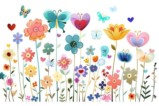 Floral background with colorful flowers, butterflies and hearts