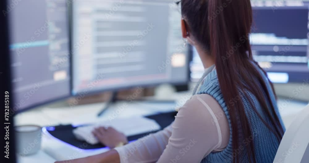Poster Woman, computer screen and software development for programmer cybersecurity with database, writing or malware. Female person, technology and online system with coding website, research or password