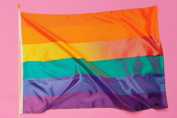Rainbow flag on pink background, top view,  LGBT community concept