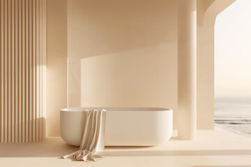 Fototapeta na wymiar Minimalist Luxury Bathroom with Ocean View