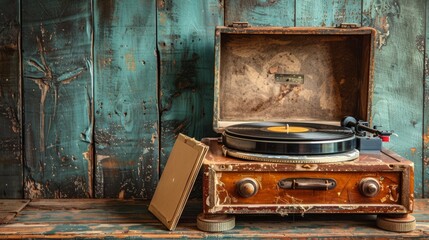 Vintage turntable with vinyl record in an old suitcase on distressed wood
