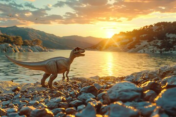 Dinosaur Stegosaurus on the shore of a lake at sunset - obrazy, fototapety, plakaty