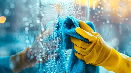 Close-up of a Person Cleaning Glass with a Blue Cloth. Bright, Colorful Cleaning Themed Photo. Ideal for Cleaning Services Promotion. AI