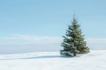 A serene snowy landscape with a single evergreen tree adorned with colorful baubles, against a backdrop of clear blue sky, providing room for your holiday message.