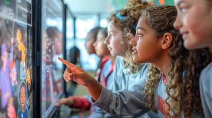 Engaged Students Exploring Interactive Digital Lessons in Vibrant Classroom Setting