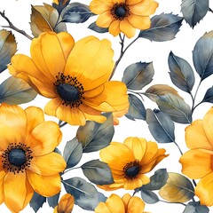 yellow flowers seamless pattern, watercolor effect  