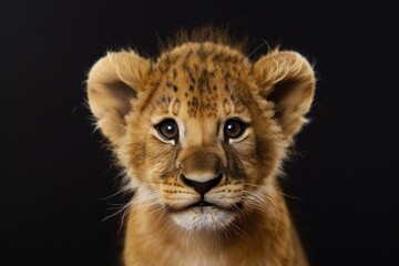 Close-up of a lion cub on a black background,  Studio shot - obrazy, fototapety, plakaty