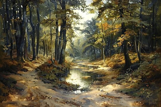Beautiful autumn landscape with a river in the forest,  Digital painting