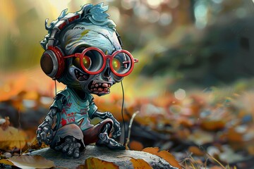 A little alien in the autumn forest with headphones - obrazy, fototapety, plakaty
