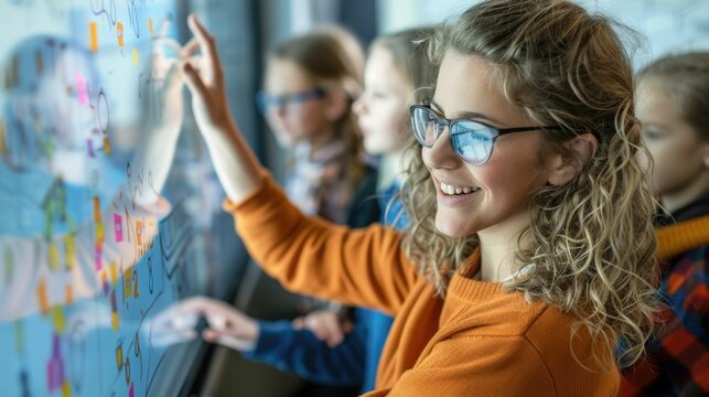 Experienced educator utilizing an interactive whiteboard to enhance student engagement and facilitate dynamic learning in the classroom