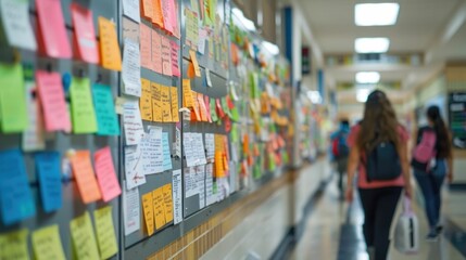 Obraz premium Bulletin Board Filled with Scholarship Opportunities for Ambitious Students description The image depicts a crowded bulletin board in a school or