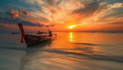 AI Generator pictures rowing boats along sandy beaches, sea dams, and rivers. with a mountain backdrop Sunrise time, sunset time, twilight time - obrazy, fototapety, plakaty