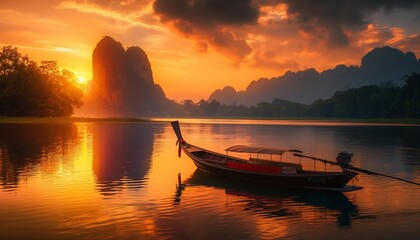 AI Generator pictures rowing boats along sandy beaches, sea dams, and rivers. with a mountain backdrop Sunrise time, sunset time, twilight time - obrazy, fototapety, plakaty