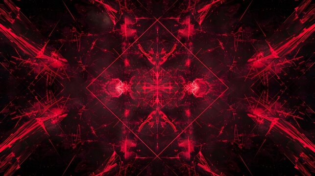 Intricate red neon abstract design with symmetrical patterns creating a hypnotic and digital aesthetic on a black canvas