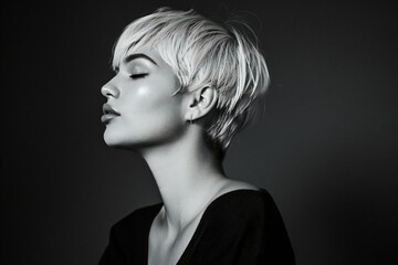 Black and white portrait of a beautiful young woman with short hair
