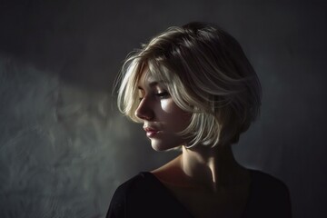 Portrait of a beautiful blonde girl with short hair on a dark background