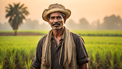 Portrait of Indian farmer in paddy field  - obrazy, fototapety, plakaty