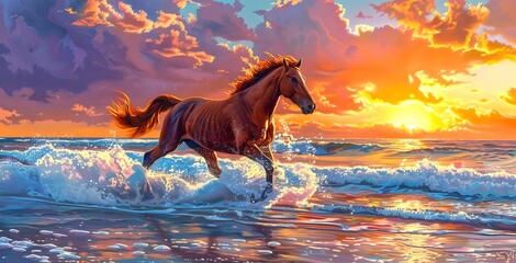 Majestic horse galloping in the surf at sunset. Vivid colors painting a peaceful scene. Perfect for nature and animal themes. AI