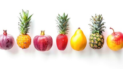 A row of vibrant tropical fruits, each one bursting with freshness and flavor, ready to tantalize your taste buds. Isolated on pure white background. - obrazy, fototapety, plakaty
